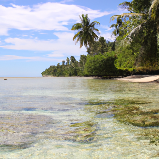 A beach with palm trees and crystal-clear water